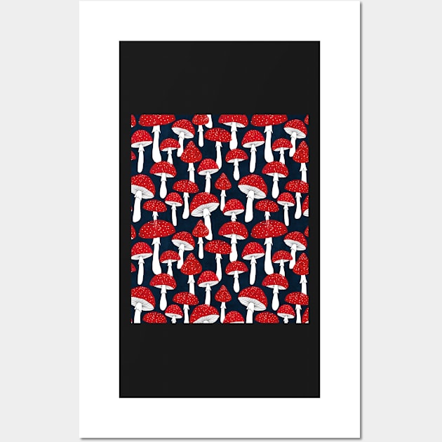 Red mushrooms field on indigo blue Wall Art by LavishSeason